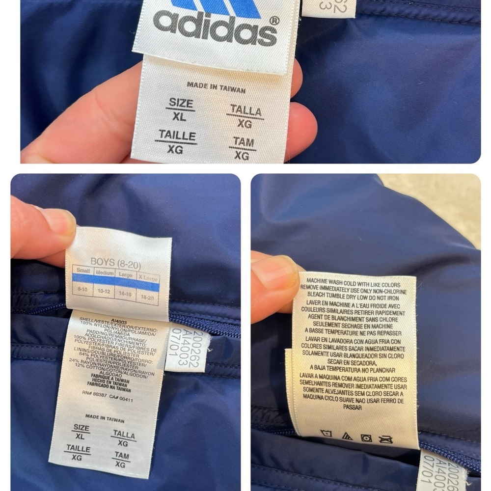 Vintage Adidas Reversible Hooded Bomber Jacket Boys XL Blue White Full Zip - Picture 11 of 16